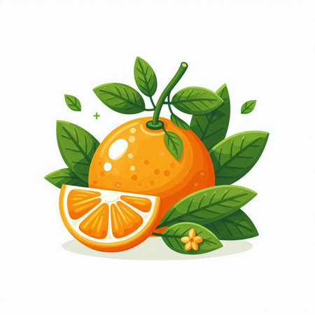 Orange fruit with leaves isolated on white background. Vector cartoon illustration.のイラスト素材