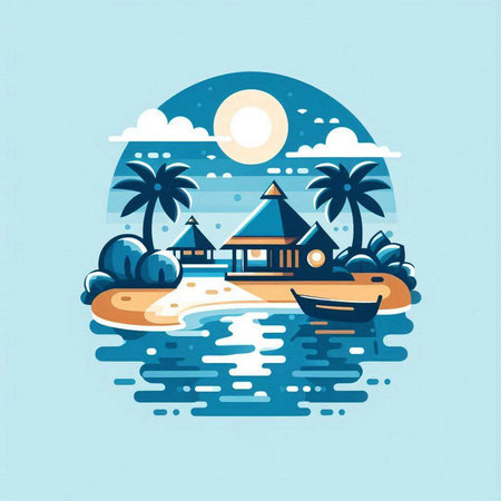 Vector illustration of tropical island with bungalows and palm trees. Flat style design.のイラスト素材