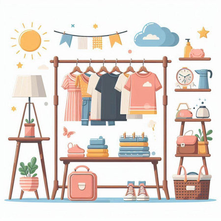 Clothing store. Vector illustration in flat cartoon style. Clothes store.のイラスト素材