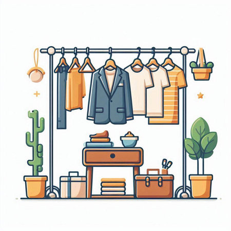 Clothes shop, wardrobe with clothes. Vector illustration in flat styleのイラスト素材