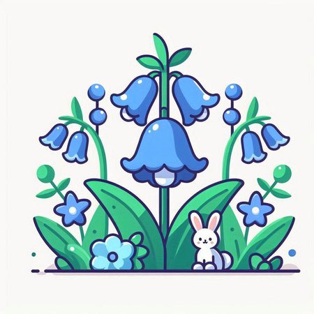 Vector illustration of bluebell flowers with rabbit on white background. Flat cartoon style.のイラスト素材