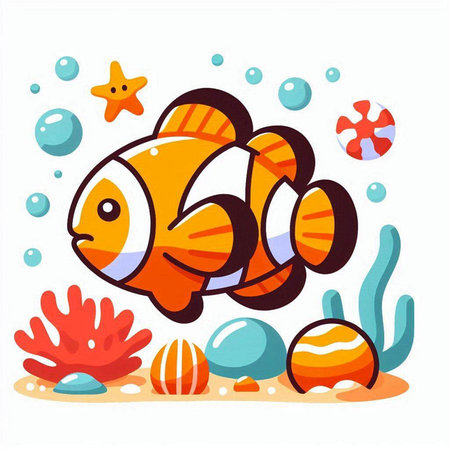 Cute cartoon clownfish on the bottom of the sea. Vector illustrationのイラスト素材