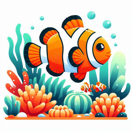 Cute cartoon clownfish on a coral reef. Vector illustration.のイラスト素材