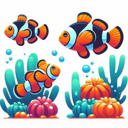 Clown fish, anemone anemone, sea anemone, sea anemone. Vector illustrationのイラスト素材