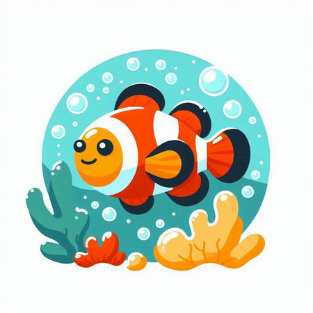 Cute cartoon clownfish swimming in the sea. Vector illustration.のイラスト素材