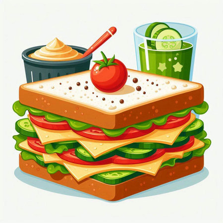 Sandwich with cheese, tomato, cucumber and lettuce. Vector illustration.のイラスト素材