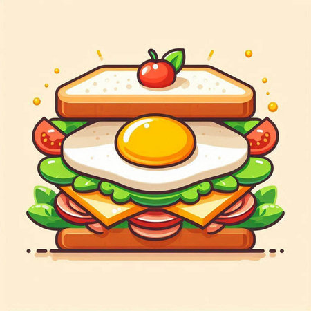Sandwich with fried egg and vegetables. Vector illustration in cartoon style.のイラスト素材