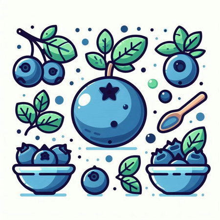 Set of blueberry fruits and berries in flat style. Vector illustration.のイラスト素材