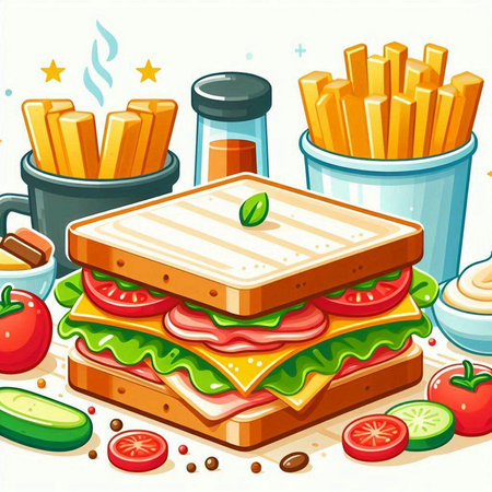 Illustration of a sandwich with french fries, tomato and cucumberのイラスト素材