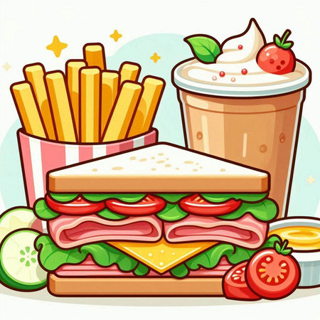 Illustration of a Sandwiches with Fries and Ice Creamのイラスト素材