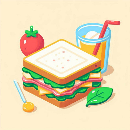 Sandwich with tomato and juice. Vector illustration in cartoon style.のイラスト素材