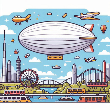 Airship on the background of the city. Vector illustration in flat styleのイラスト素材