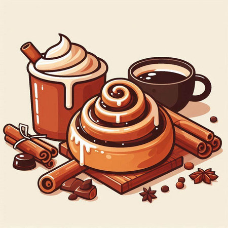 Cinnamon roll with whipped cream and cup of coffee. Vector illustration.のイラスト素材