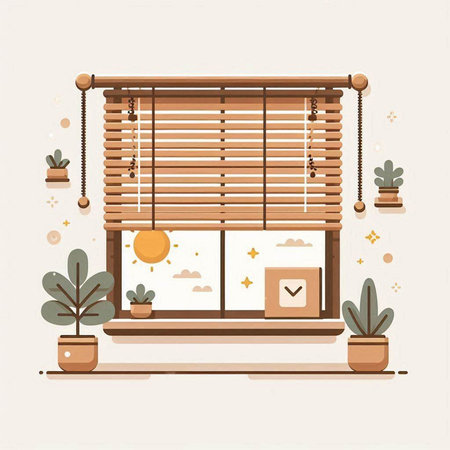Wooden window with blinds. Vector illustration in flat style.のイラスト素材