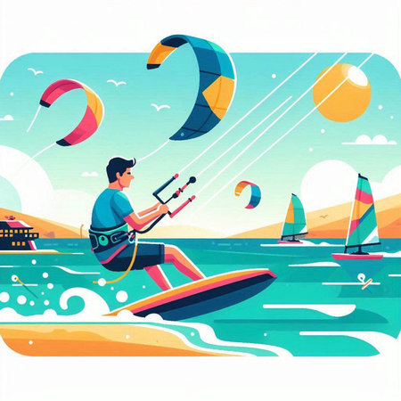 Kitesurfing. Man rides a kite on the sea. Vector illustrationのイラスト素材