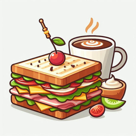 Vector illustration of a sandwich with a cup of coffee on a white backgroundのイラスト素材