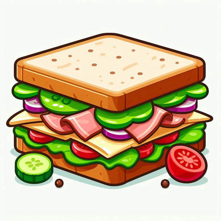 Sandwich with ham, cheese, tomato and cucumber. Vector illustration.のイラスト素材