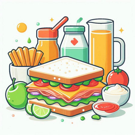 Healthy food. Vector illustration of a sandwich with vegetables, fruits and juice.のイラスト素材