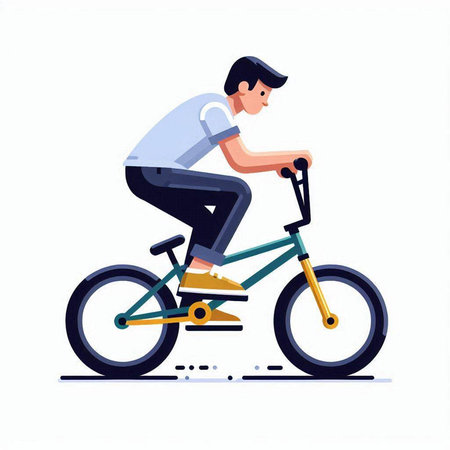 Young man riding a bicycle, flat vector illustration isolated on white background.のイラスト素材