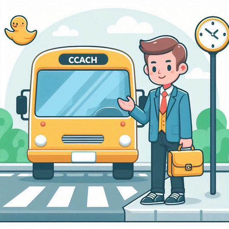 Businessman standing in front of bus stop. Vector cartoon illustration.のイラスト素材