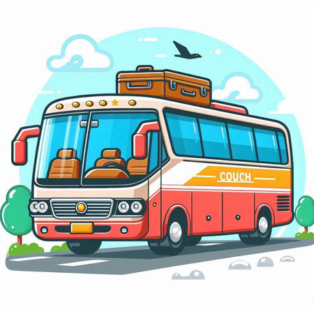 Illustration of a Tourist Bus with Luggage on the Roadのイラスト素材