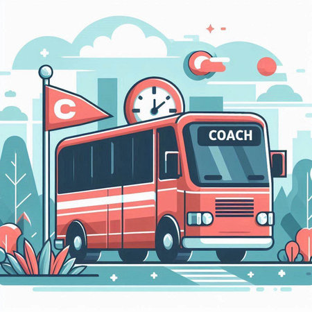 Vector illustration of a red bus on the road in the city.のイラスト素材