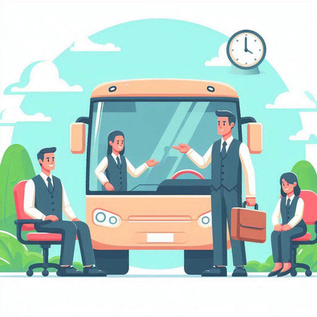 Busy Business People Sitting in Bus, Business Trip Concept Flat Vector Illustrationのイラスト素材