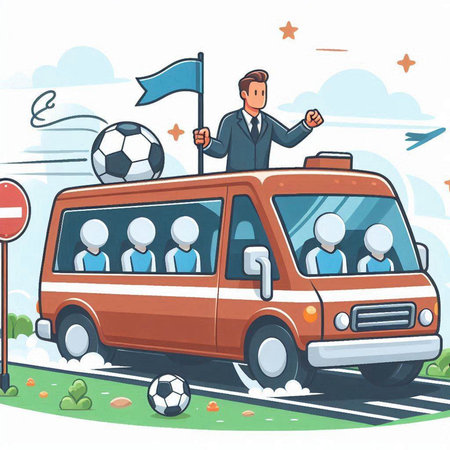 Cartoon vector illustration of businessman standing in front of van with soccer ballのイラスト素材
