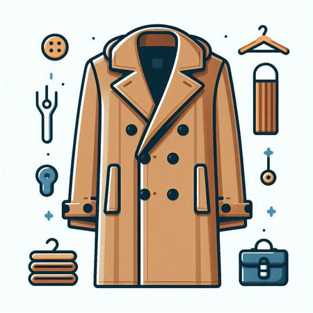 Vector illustration of coat and accessories in line art style on white background.のイラスト素材