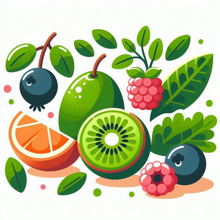 Fruits and berries set. Vector illustration in flat cartoon style.のイラスト素材