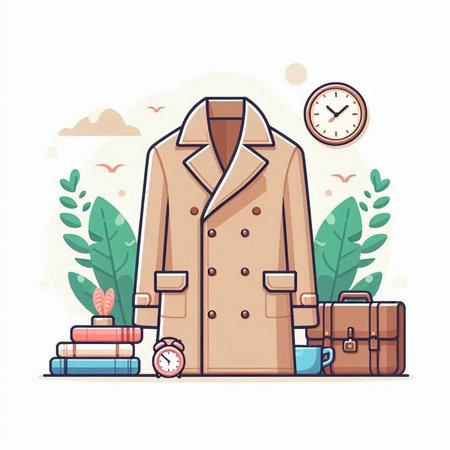 Flat style vector illustration of a stylish man's coat with a briefcase, a clock and a stack of books.のイラスト素材