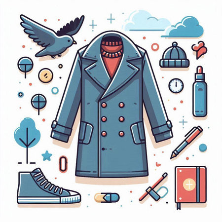 Vector illustration of coat, shoes, bag, book and bird.のイラスト素材