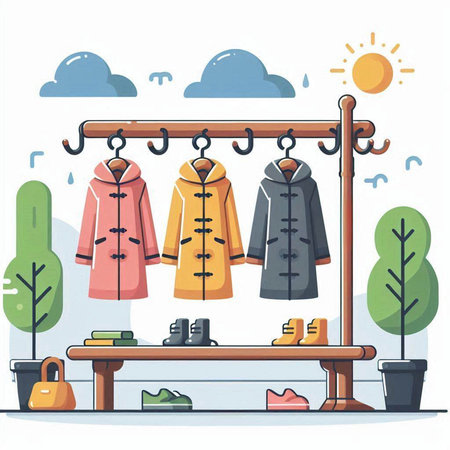 Fashionable winter coats hanging on the clothes hanger. Vector illustrationのイラスト素材