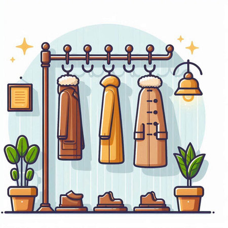 Fashionable clothes hanging on a coat rack. Vector illustration in flat styleのイラスト素材