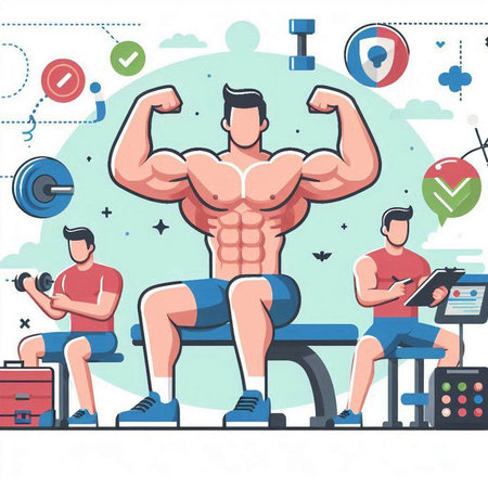 Bodybuilding, bodybuilding, healthy lifestyle concept. Vector illustration in flat styleのイラスト素材