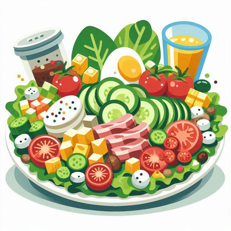 Vegetable salad in a plate on a white background. Vector illustration.のイラスト素材