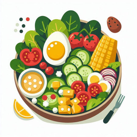 Salad with eggs, cucumber, tomato and corn. Healthy food. Vector illustration.のイラスト素材