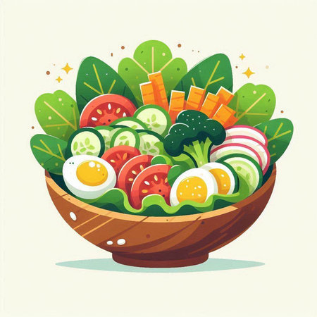 Fresh vegetable salad in a bowl. Healthy food. Vector illustration.のイラスト素材