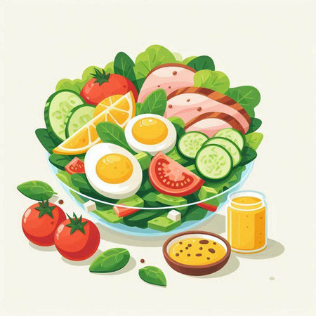 Salad with ham, egg, cucumber, tomato and herbs. Vector illustration.のイラスト素材