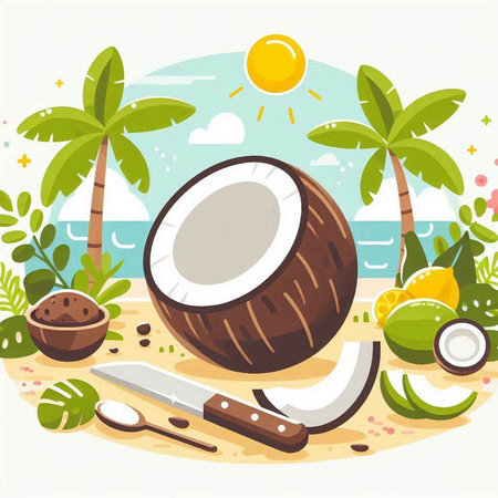 Coconut and cutlery on the beach. Vector illustrationのイラスト素材