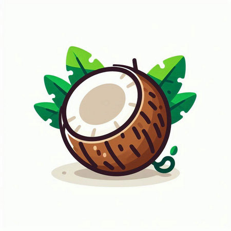 Coconut vector illustration. Exotic tropical fruit with leaves.のイラスト素材