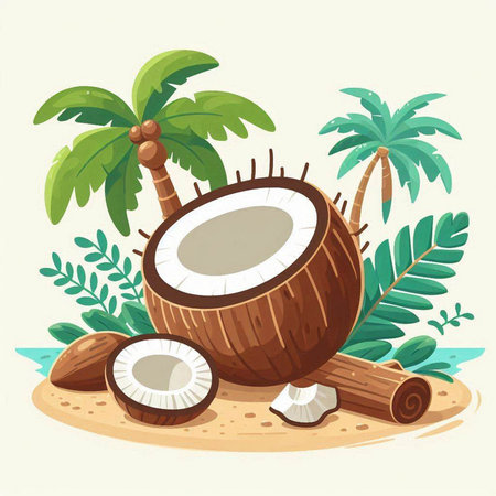 Coconut on the beach with palm trees. Vector illustration.のイラスト素材