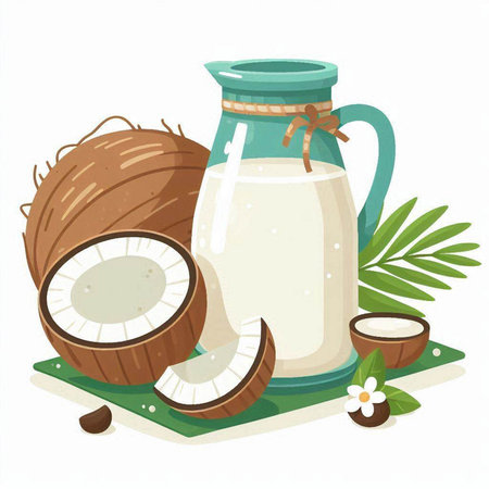 Coconut milk in a glass jar. Vector illustration on a white background.のイラスト素材