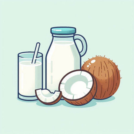 Coconut milk in a glass and fresh coconuts. Vector illustration.のイラスト素材