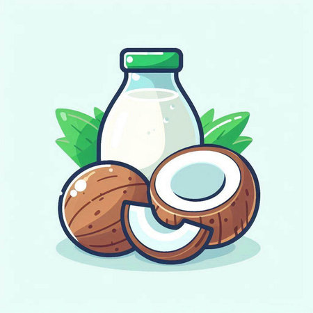 Coconut milk in a glass bottle and whole coconuts. Vector illustration.のイラスト素材