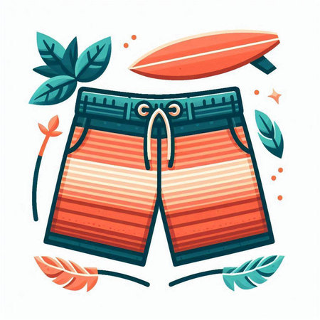 Swimming trunks with surfboard and leaves. Vector illustration.のイラスト素材