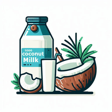 Coconut milk in a glass bottle. Vector illustration on white background.のイラスト素材