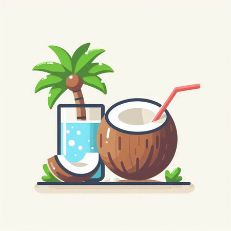 Coconut water and coconut cocktail on the beach. Vector illustrationのイラスト素材