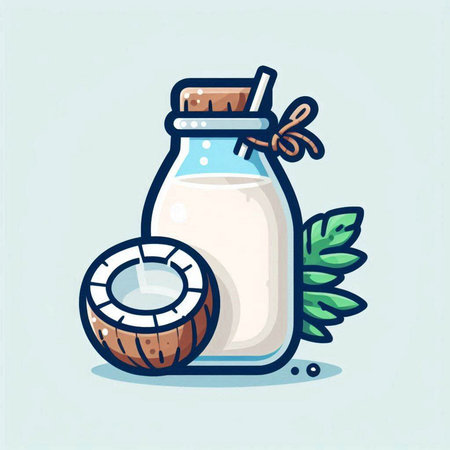 Coconut milk in a glass bottle. Vector illustration of a cartoon style.のイラスト素材