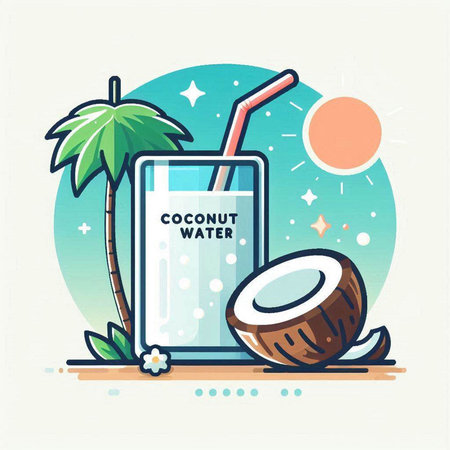 Coconut water in a glass with a straw. Vector illustration.のイラスト素材